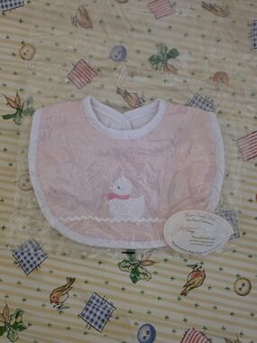 Vintage 2003 Pink Duck Embroidered Baby Bib with White Trim